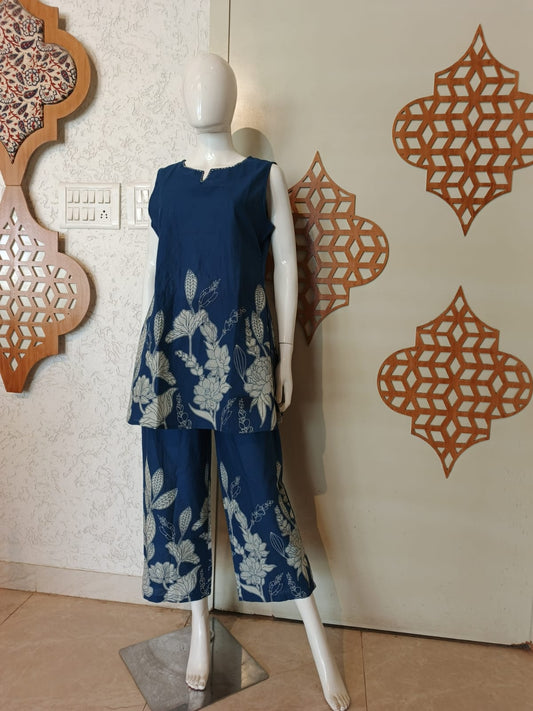 Blue Sleeveless Pure Cotton Coord Set