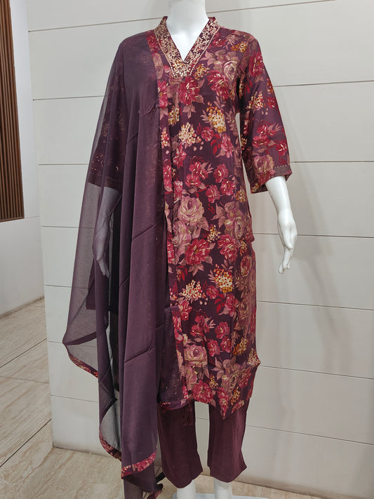 Wine Floral Print Muslin Suit Set with Pure Chiffon Dupatta