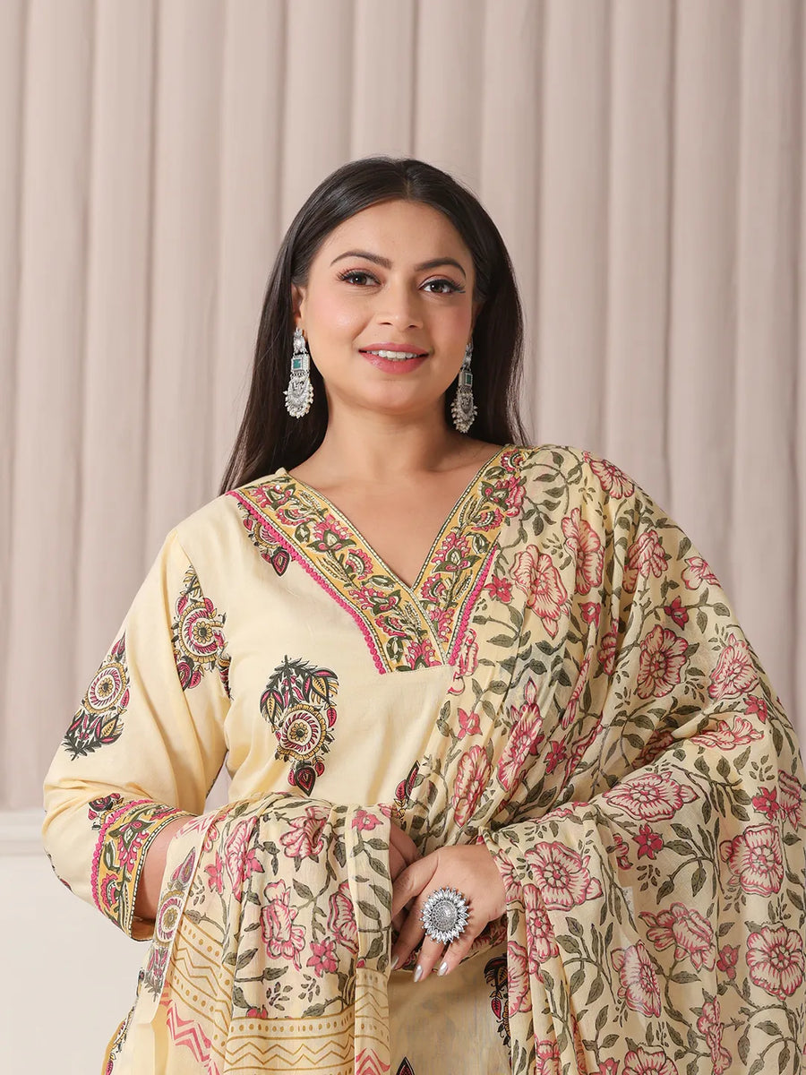 Cream Ethnic Print Cotton Suit Set