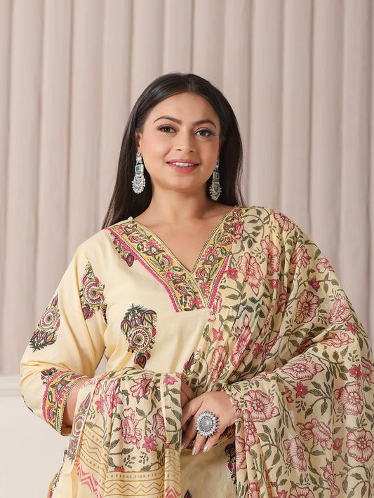 Cream Ethnic Print Cotton Suit Set