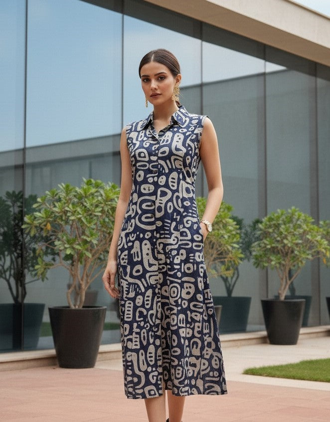 Indigo Hand Block Printed Cotton Dress