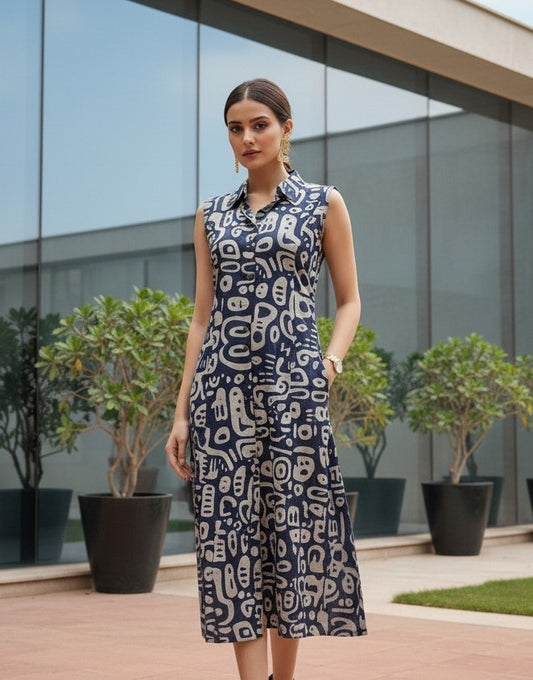 Indigo Hand Block Printed Cotton Dress