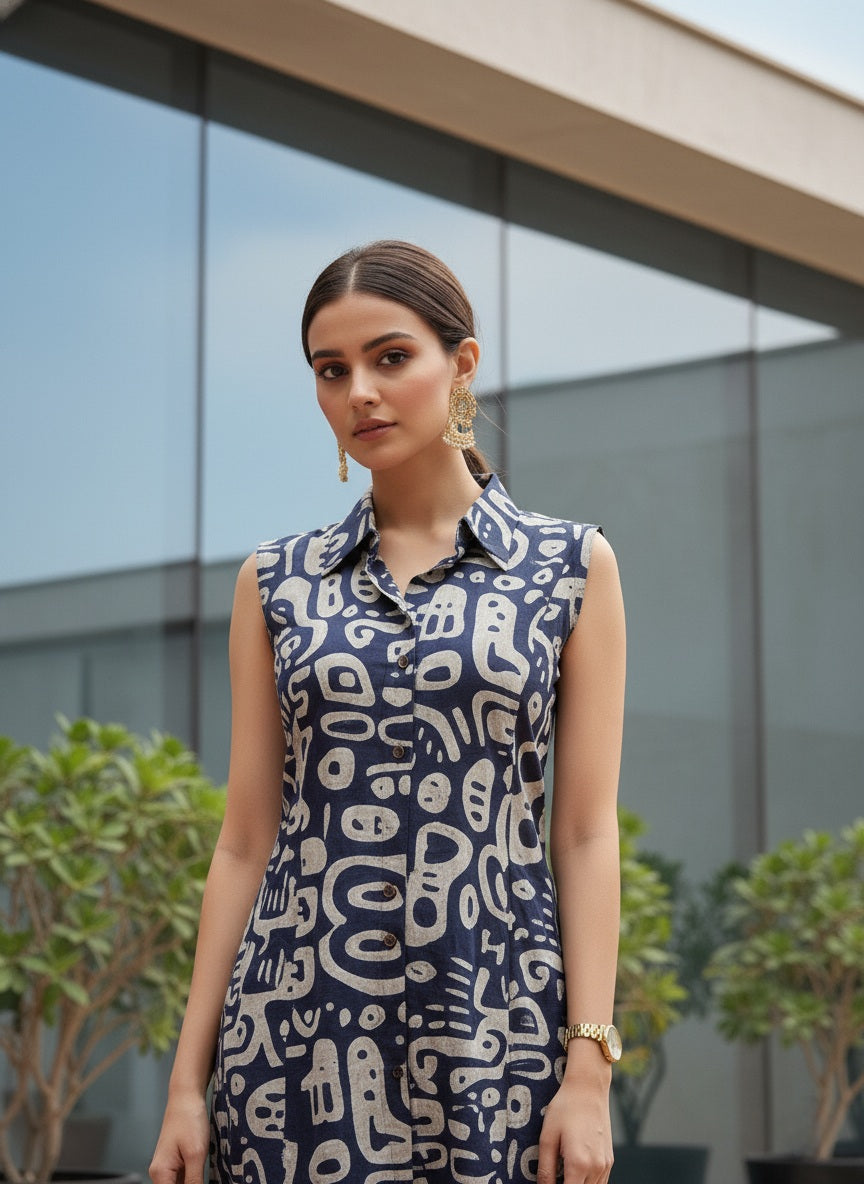 Indigo Hand Block Printed Cotton Dress
