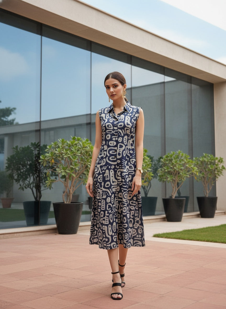 Indigo Hand Block Printed Cotton Dress