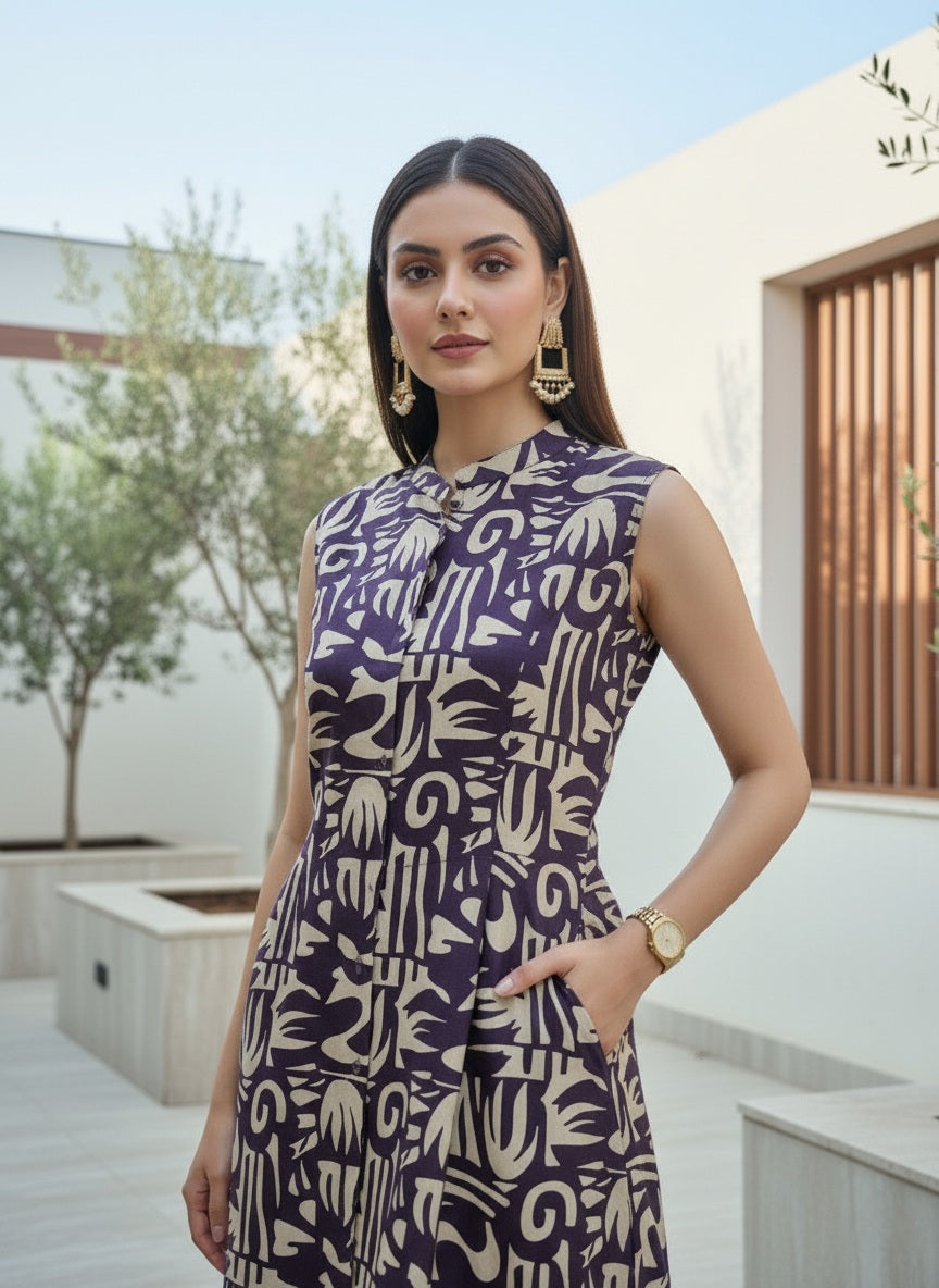 Purple Abstract Printed Sleeveless Cotton Dress