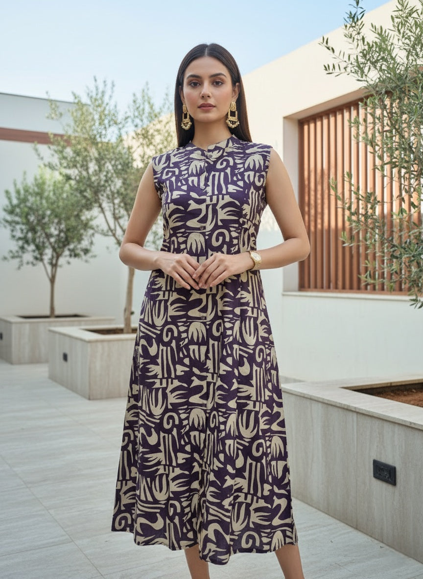 Purple Abstract Printed Sleeveless Cotton Dress