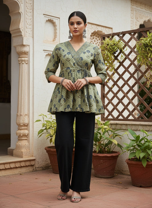 Olive Green Angrakha Cotton Short Kurti