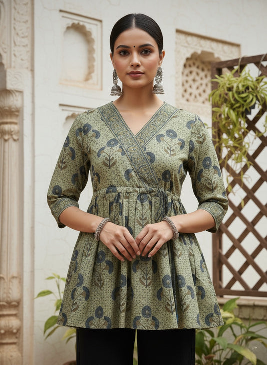 Olive Green Angrakha Cotton Short Kurti