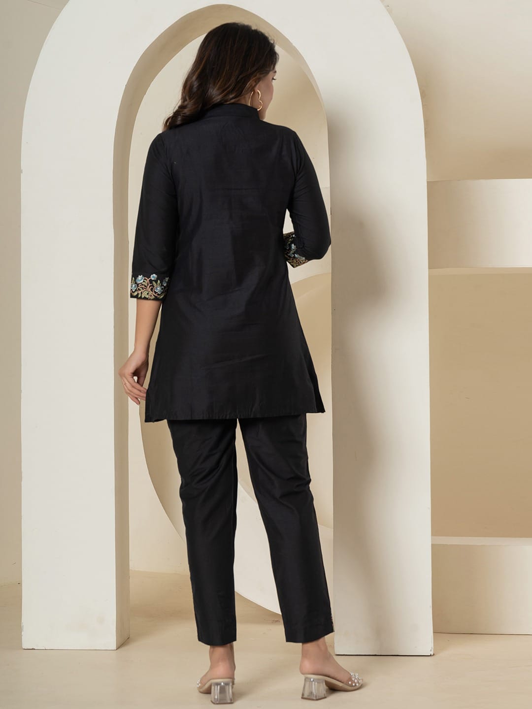 Black Embroidered Silk Co-ord Set for Women