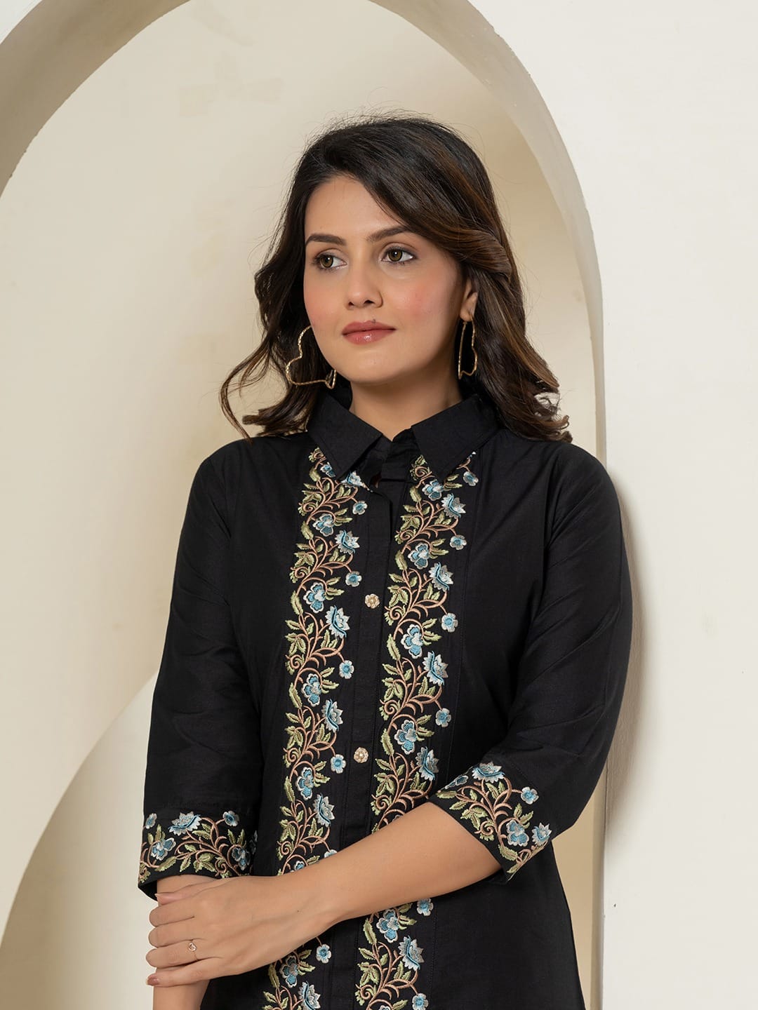 Black Embroidered Silk Co-ord Set for Women