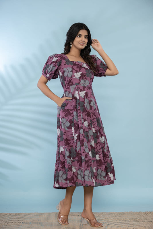Purple Floral Flare Cotton Dress