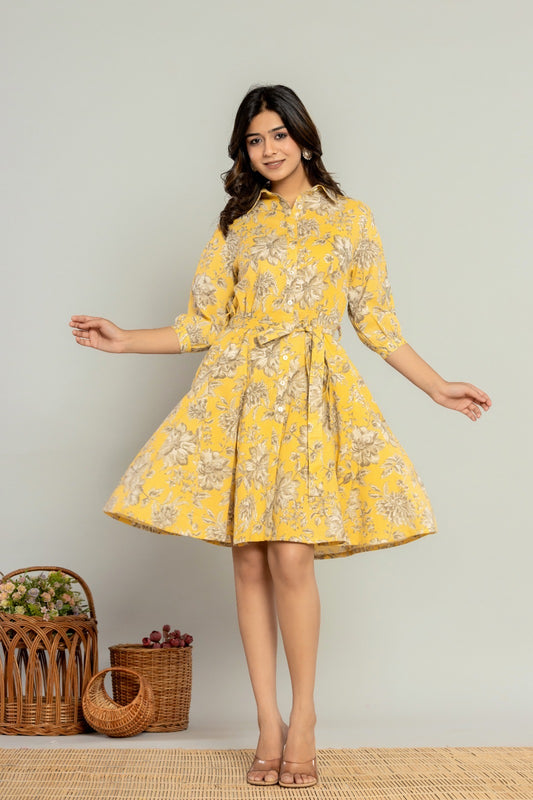 Sunshine Yellow Handloom Cotton Fit & Flare Dress with Pockets