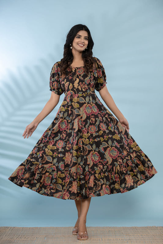 Black Floral Flare Cotton Dress