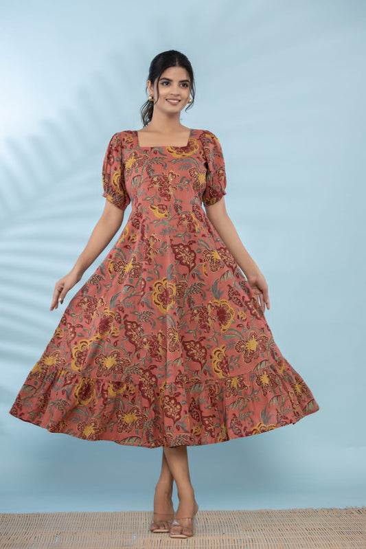 Rust Floral Flare Cotton Dress