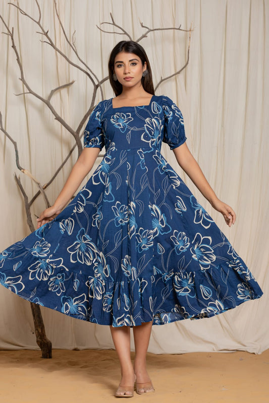 Blue Floral Flare Cotton Dress