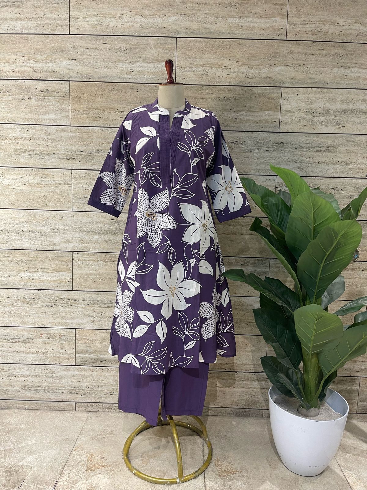 Purple Bloom Cotton Kurta Pant Set with Bold Floral Print