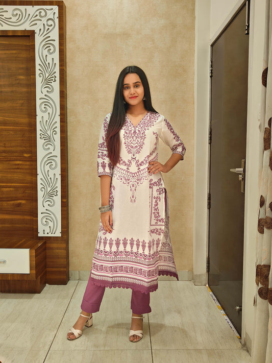 Elegant Mauve Handblock Printed Cotton Suit Set