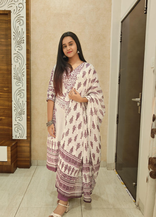 Elegant Mauve Handblock Printed Cotton Suit Set