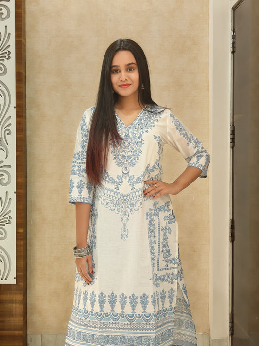 Elegant Blue Handblock Printed Cotton Suit Set
