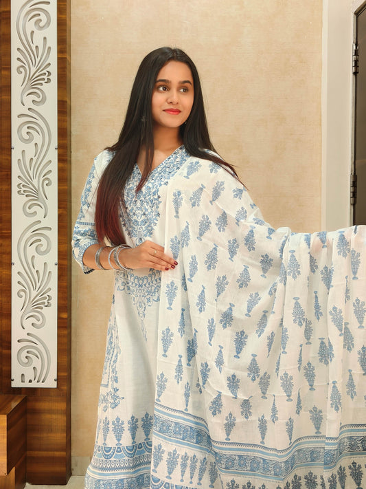 Elegant Blue Handblock Printed Cotton Suit Set