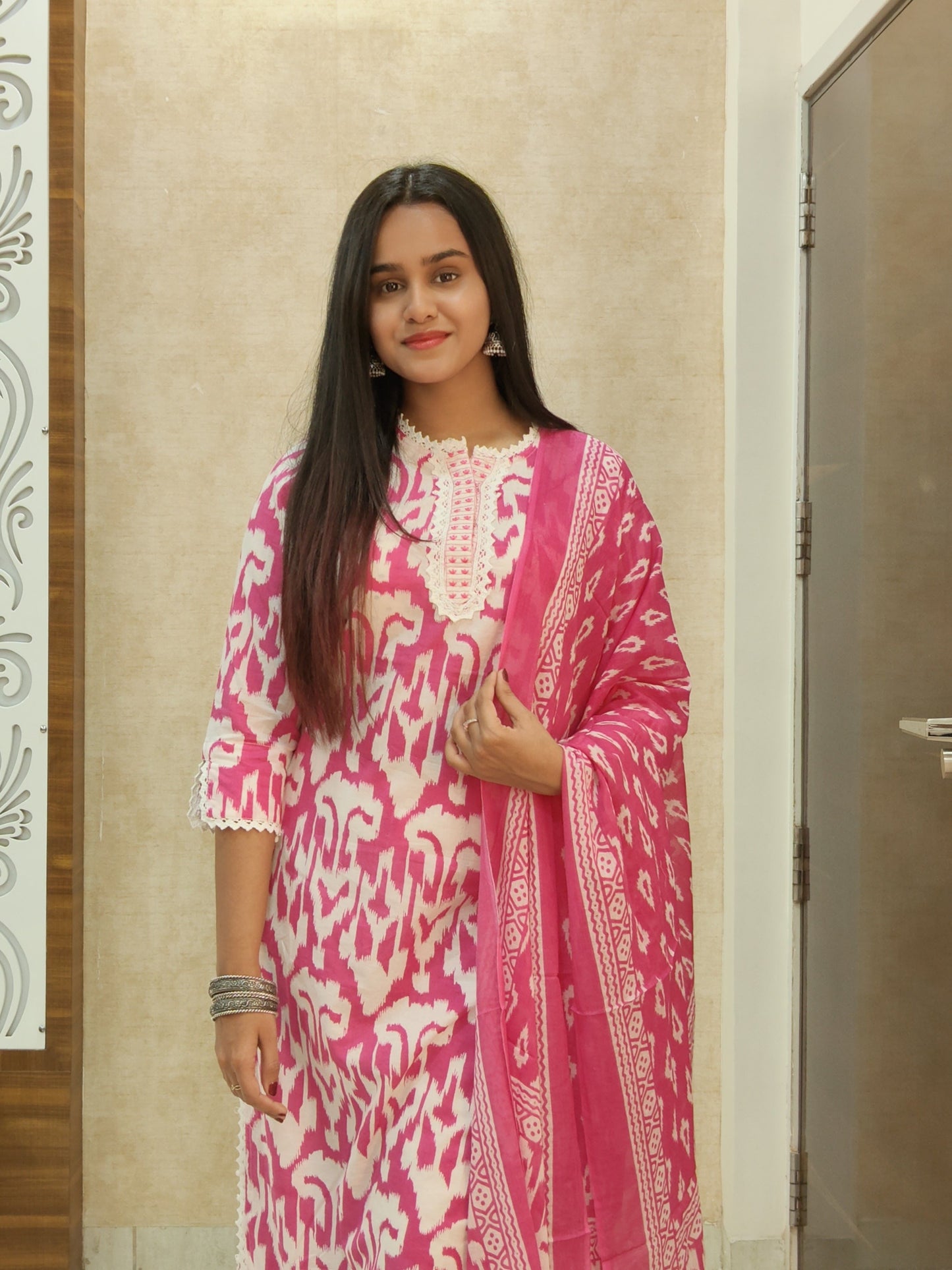 Pink & White Ikat Cotton Kurta Set with Dupatta