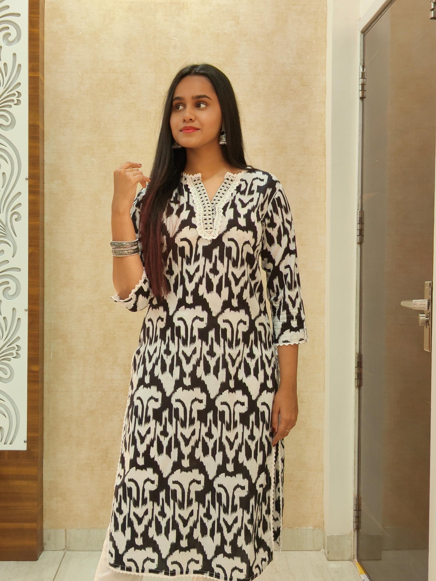 Black & White Ikat Cotton Kurta Set with Dupatta