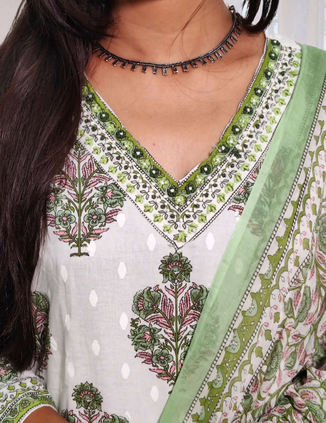 White & Green Hand Block Printed Cotton Suit Set with Dupatta