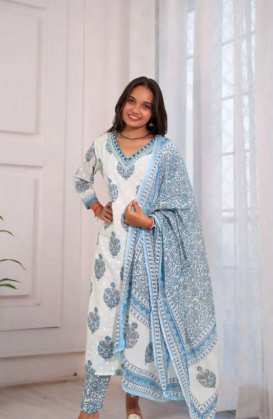 White & Blue Hand Block Printed Cotton Suit Set with Dupatta