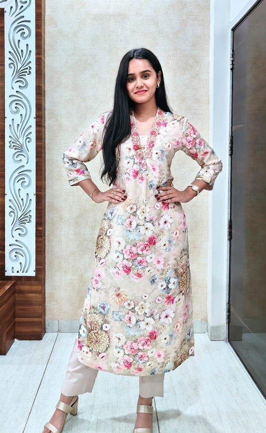 Blush Bloom Cotton Floral Kurta Pant Set
