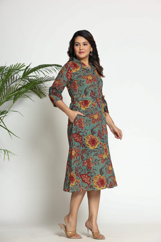 Floral Print Cotton Midi Shirt Dress with Pockets for Women