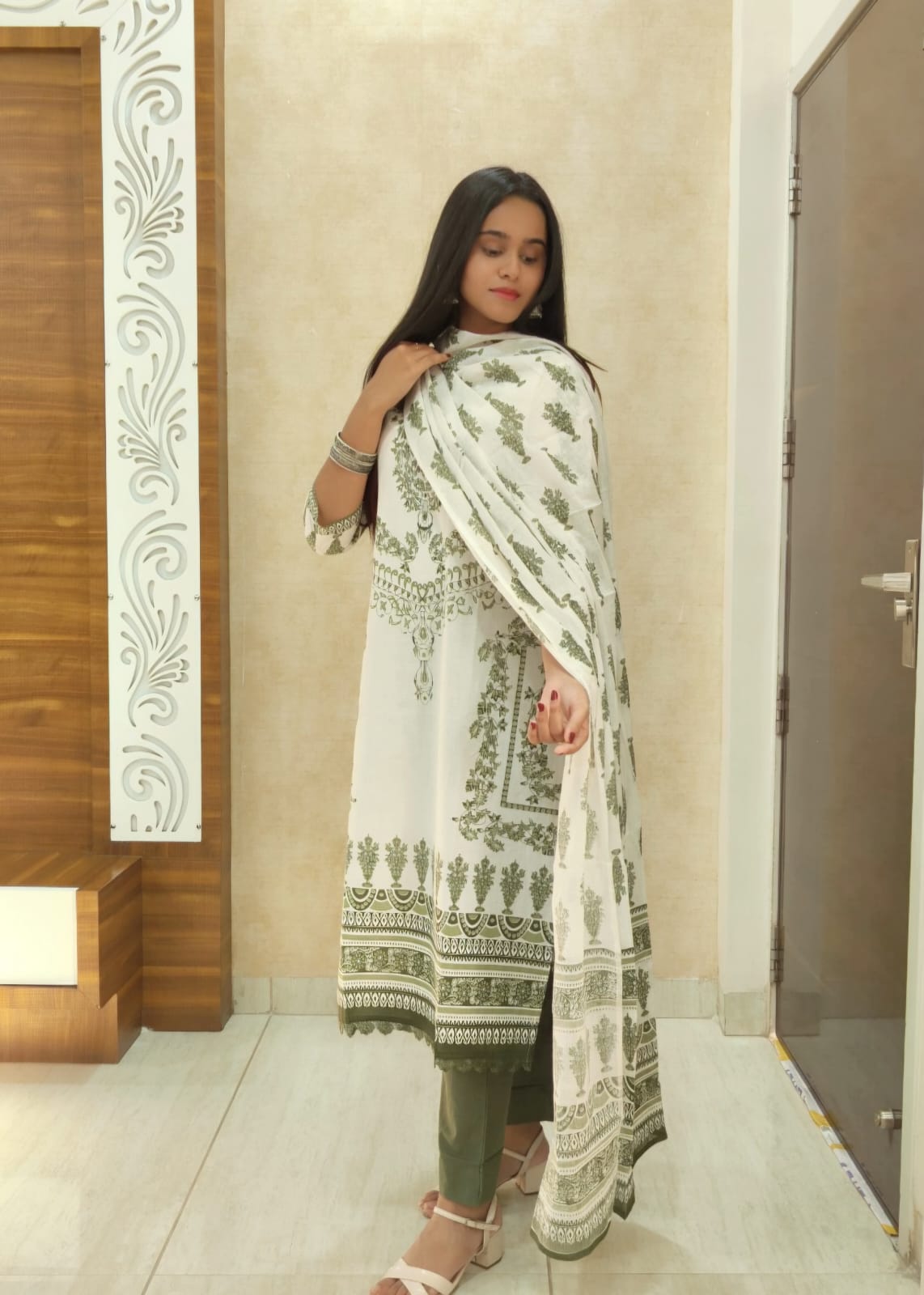 Elegant Green Handblock Printed Cotton Suit Set