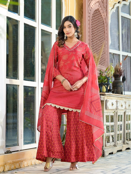 Red Silk Blend Bandhani Print Sharara Suit with Lace Detailing