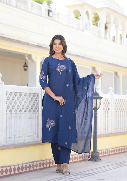 Navy Blue Cotton Embroidered Suit Set with Dupatta