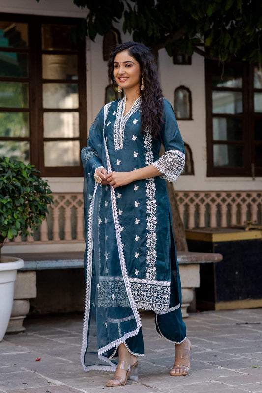 Teal Blue Chanderi Suit Set with Organza Dupatta