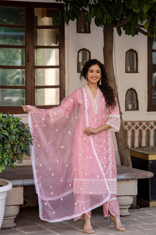 Blush Pink Chanderi Suit Set with Organza Dupatta