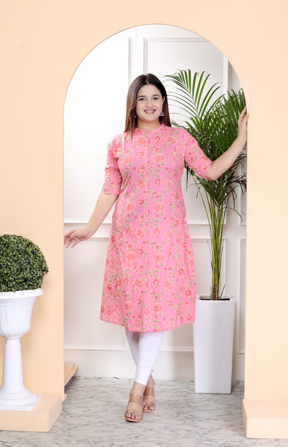 Pink Floral Cotton A Line Kurti with Sequence Work