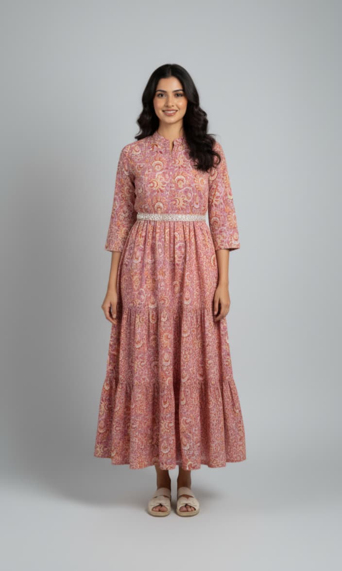 Shibani Pink Cotton Gown with Foil Print & Mirror Work Belt