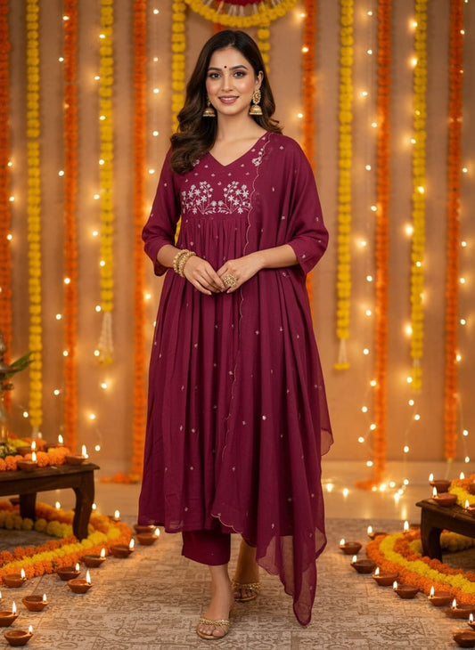Magenta Mul Cotton Embroidered Anarkali Set