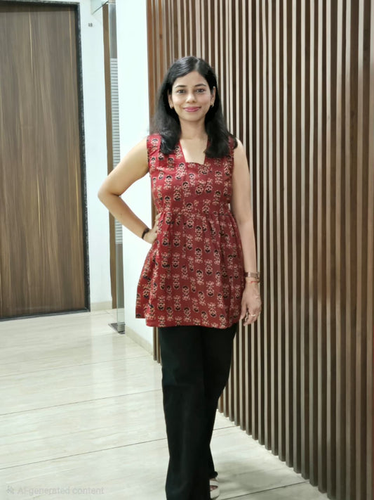 Maroon Hand Block Printed Sleeveless Peplum Top