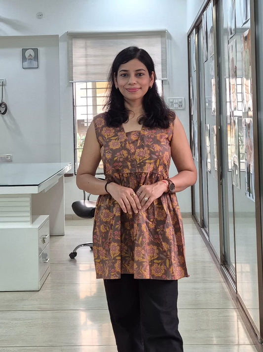 Brown Floral Hand Block Printed Sleeveless Peplum Top