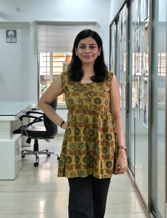 Mustard Hand Block Printed Sleeveless Peplum Top