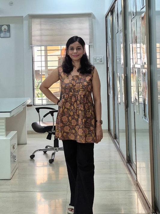 Brown Floral Hand Block Printed Sleeveless Peplum Top