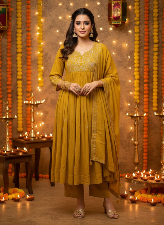 Mustard Mul Cotton Embroidered Anarkali Set