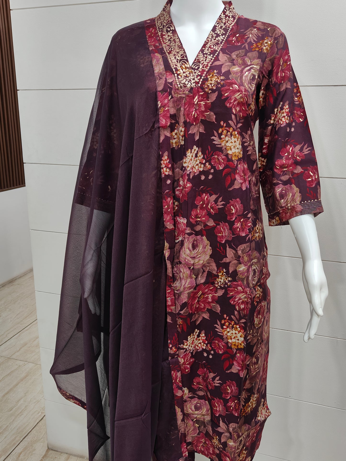 Wine Floral Print Muslin Suit Set with Pure Chiffon Dupatta