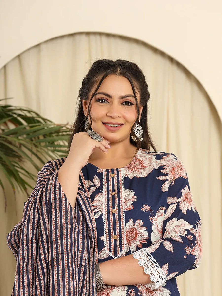Floral Print Blue Cotton Suit Set