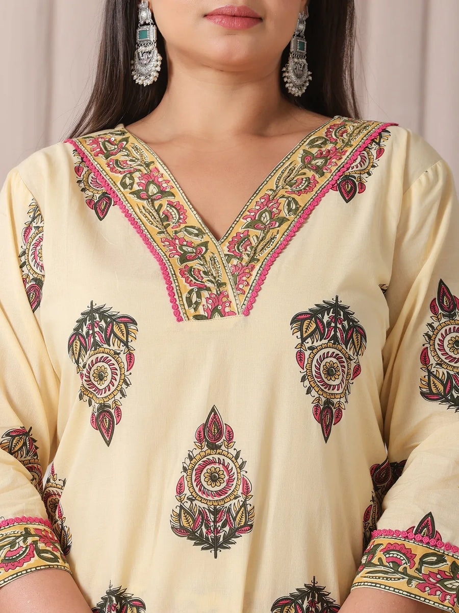 Cream Ethnic Print Cotton Suit Set