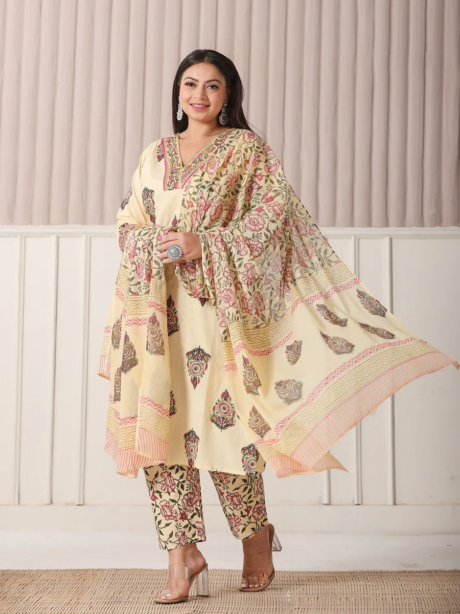 Cream Ethnic Print Cotton Suit Set