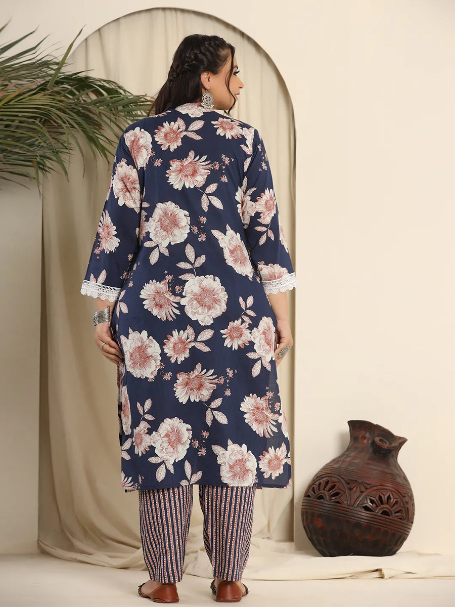 Floral Print Blue Cotton Suit Set