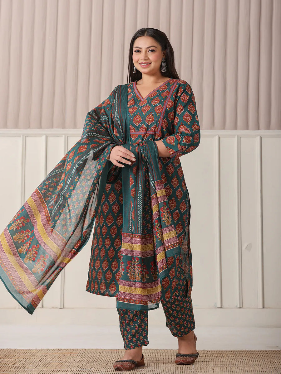 Teal Green Cotton Plus Size Suit Set