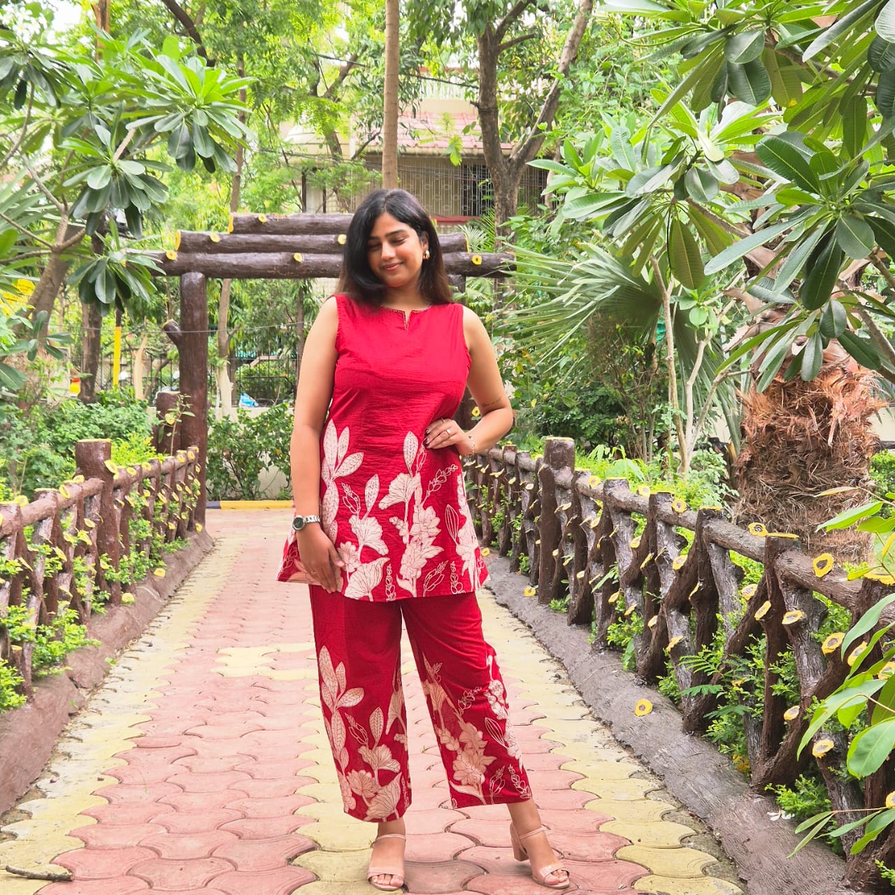 Red Sleeveless Pure Cotton Co-ord Set